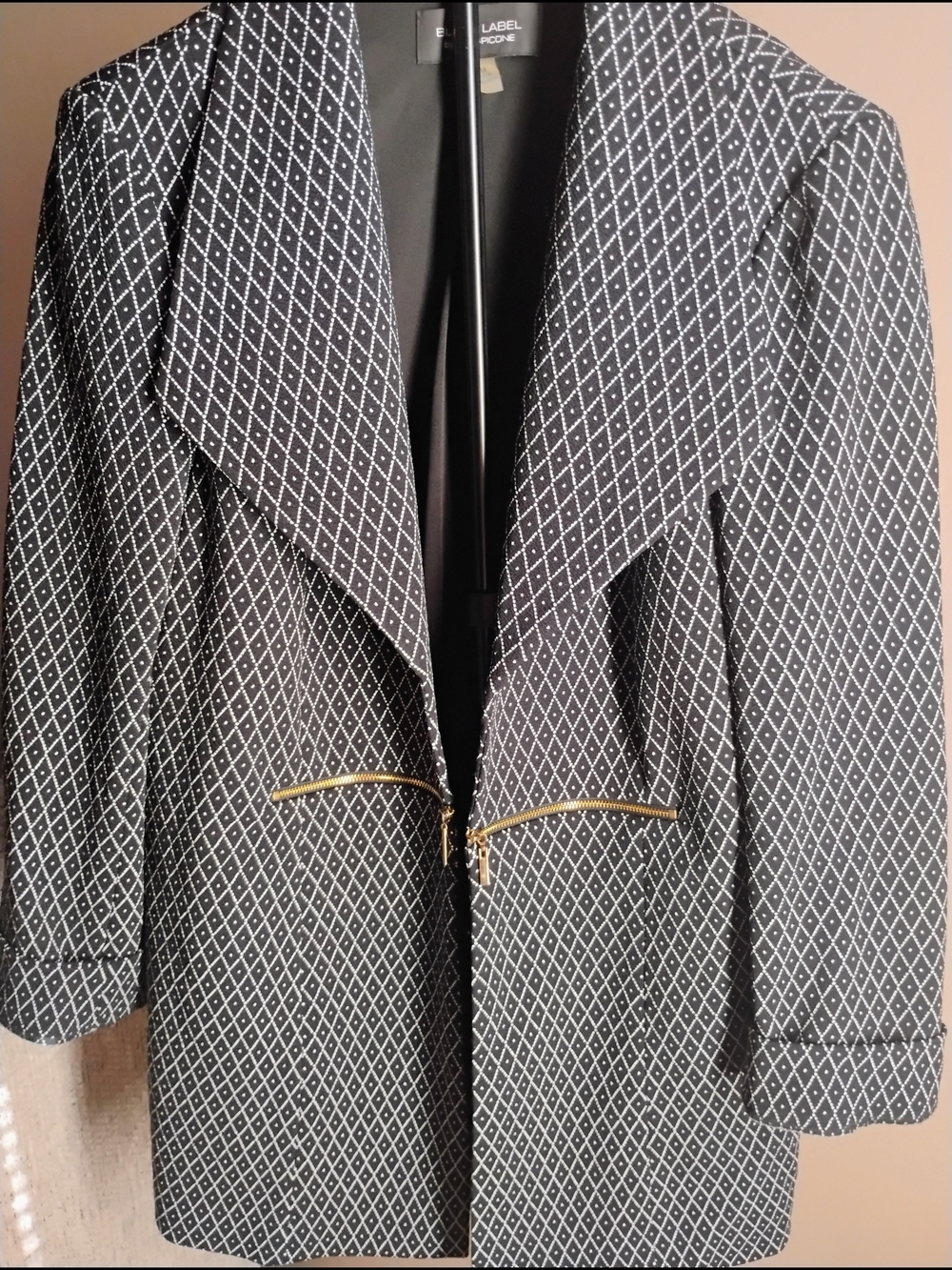 Black Label By Evan-Picone Size 14 Diamond-Print Open Front Jacket with Zippers